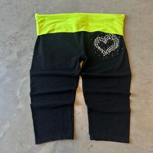L.A. Kitty Neon Green Black Rhinestone Heart Fold Over Crop Leggings Capri